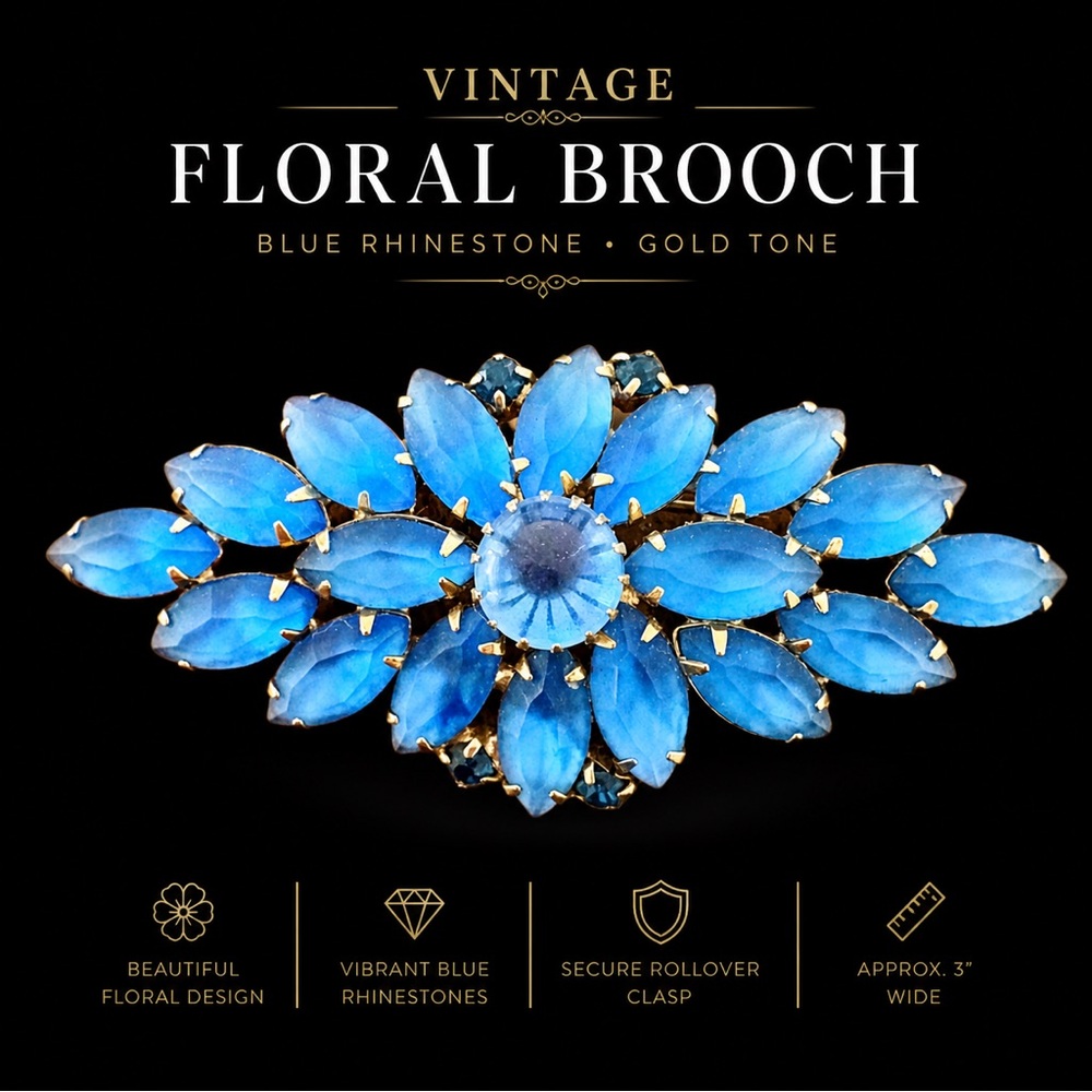 Vintage Blue Rhinestone Floral Brooch Gold Tone Marquise Glass Flower Pin